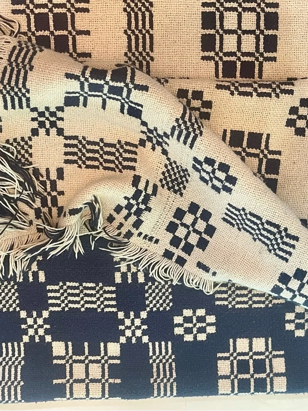 Antique Jacquard Woven Fringe Double Weave Coverlet in Colonial American Pattern